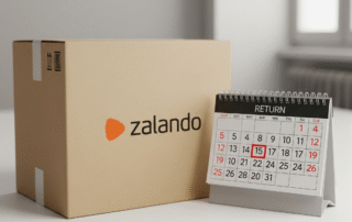 Zalando-Versandpaket aus braunem Karton mit Logo und daneben stehendem Kalender, auf dem ein Rückgabedatum markiert ist.